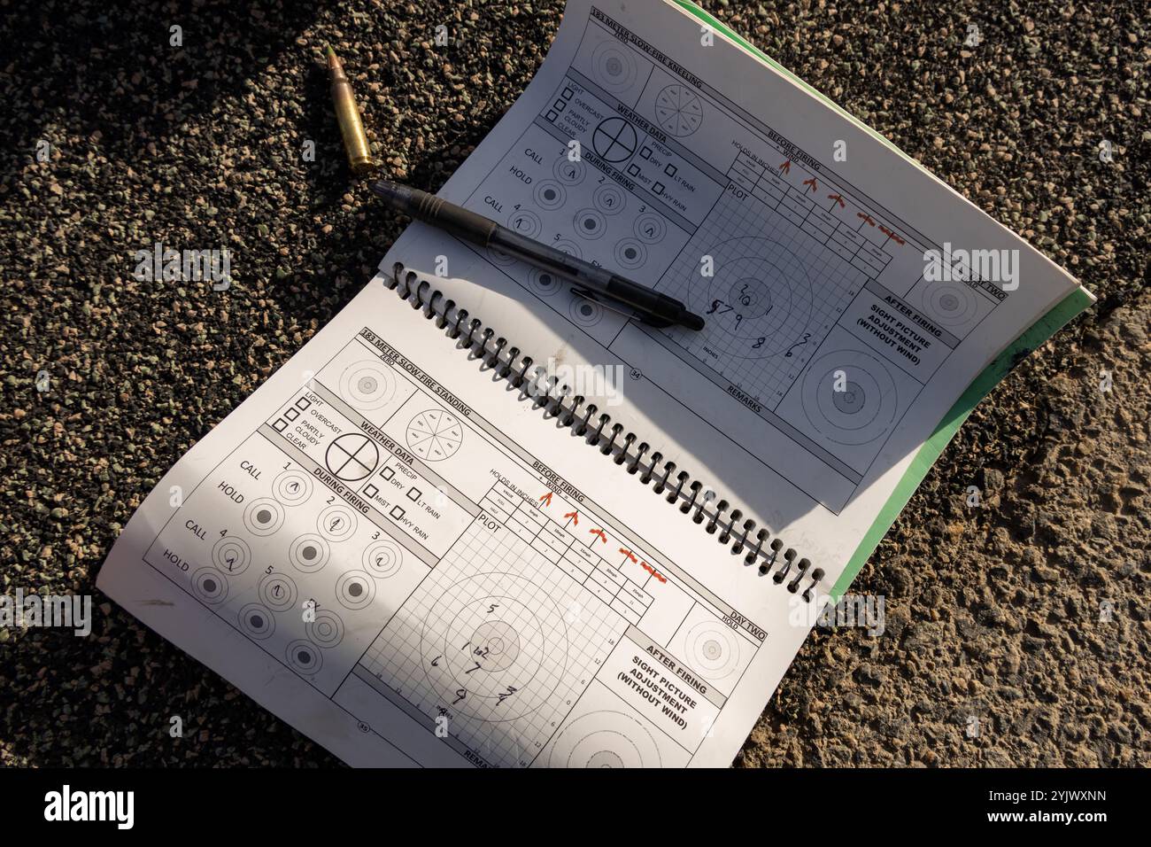 Un libro di dati di distanza viene utilizzato durante un ciclo di fuoco al tavolo uno al Marine Corps base Camp Pendleton, California, 6 novembre 2024. Il tavolo uno illustra i principi fondamentali della precisione e della sicurezza dei fucili in tutte le posizioni di tiro: In piedi, seduto, inginocchiato e prono. (Foto del corpo dei Marines degli Stati Uniti di Lance Cpl. Janell B. Alvarez) Foto Stock