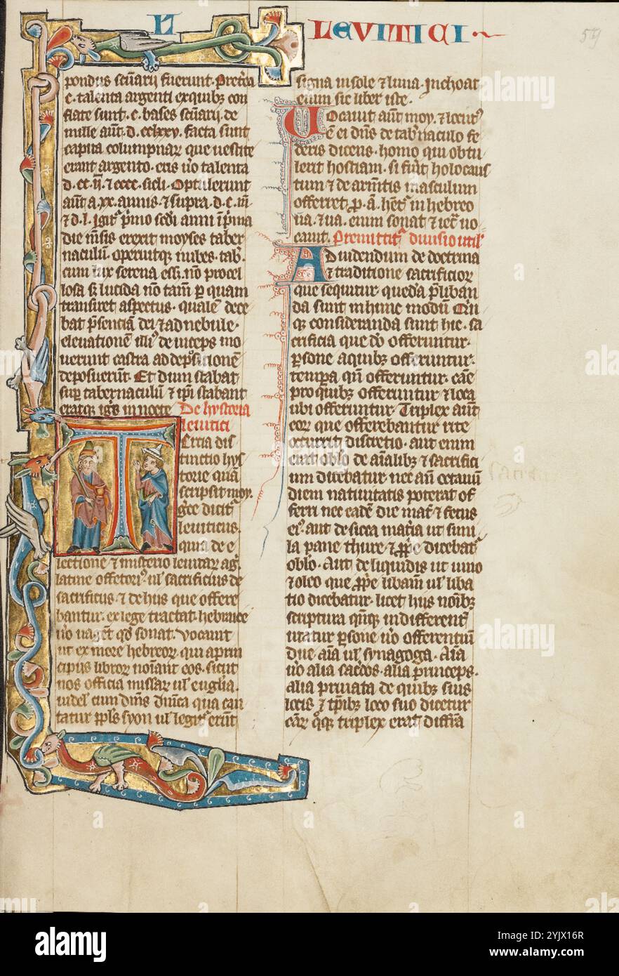 Iniziale T: Aaron e un israelita; Historia scolastica, circa 1300. Foto Stock