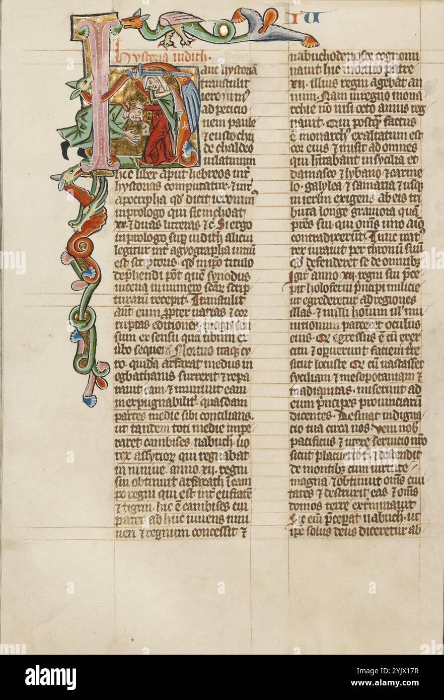 H iniziale: Judith Beheading Holofernes; Historia Scholastica, circa 1300. Foto Stock