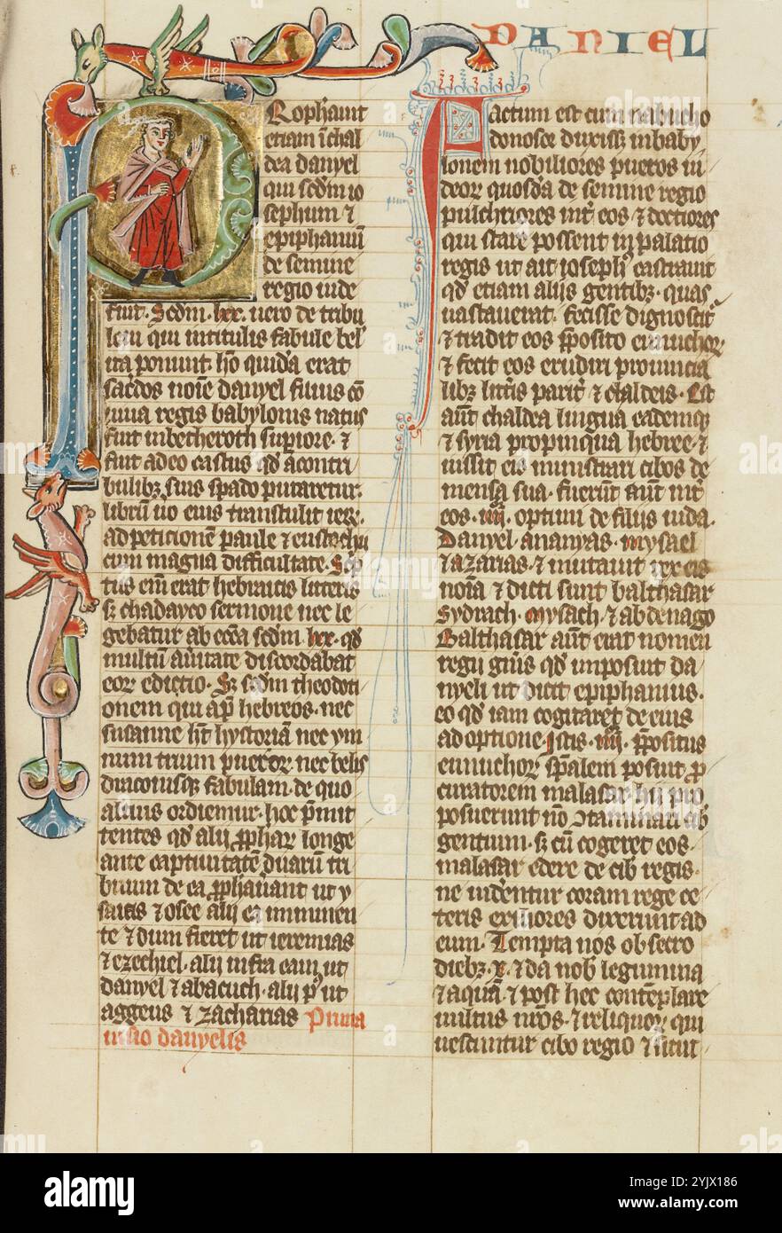 P iniziale: Daniel; Historia scolastica, circa 1300. Foto Stock