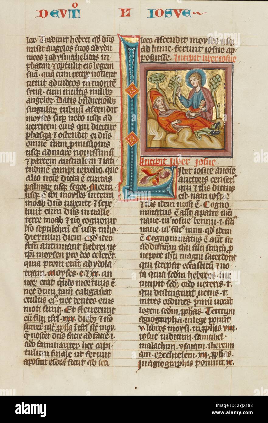L iniziale: Dio Benedizione Mosè morto; Historia scolastica, circa 1300. Foto Stock
