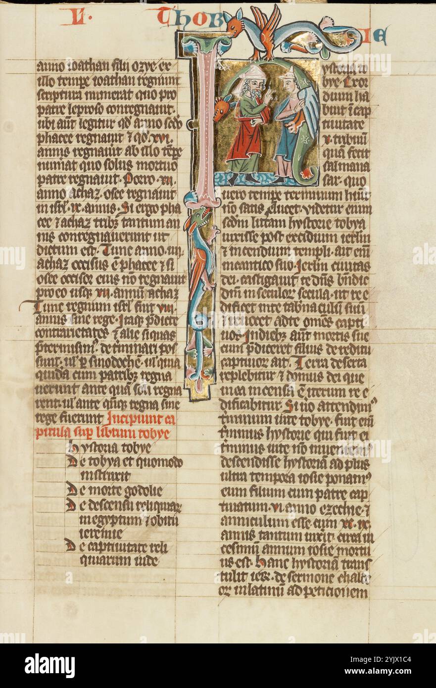 H iniziale: Tobias Speaking to a Young Man; Historia scolastica, intorno al 1300. Foto Stock