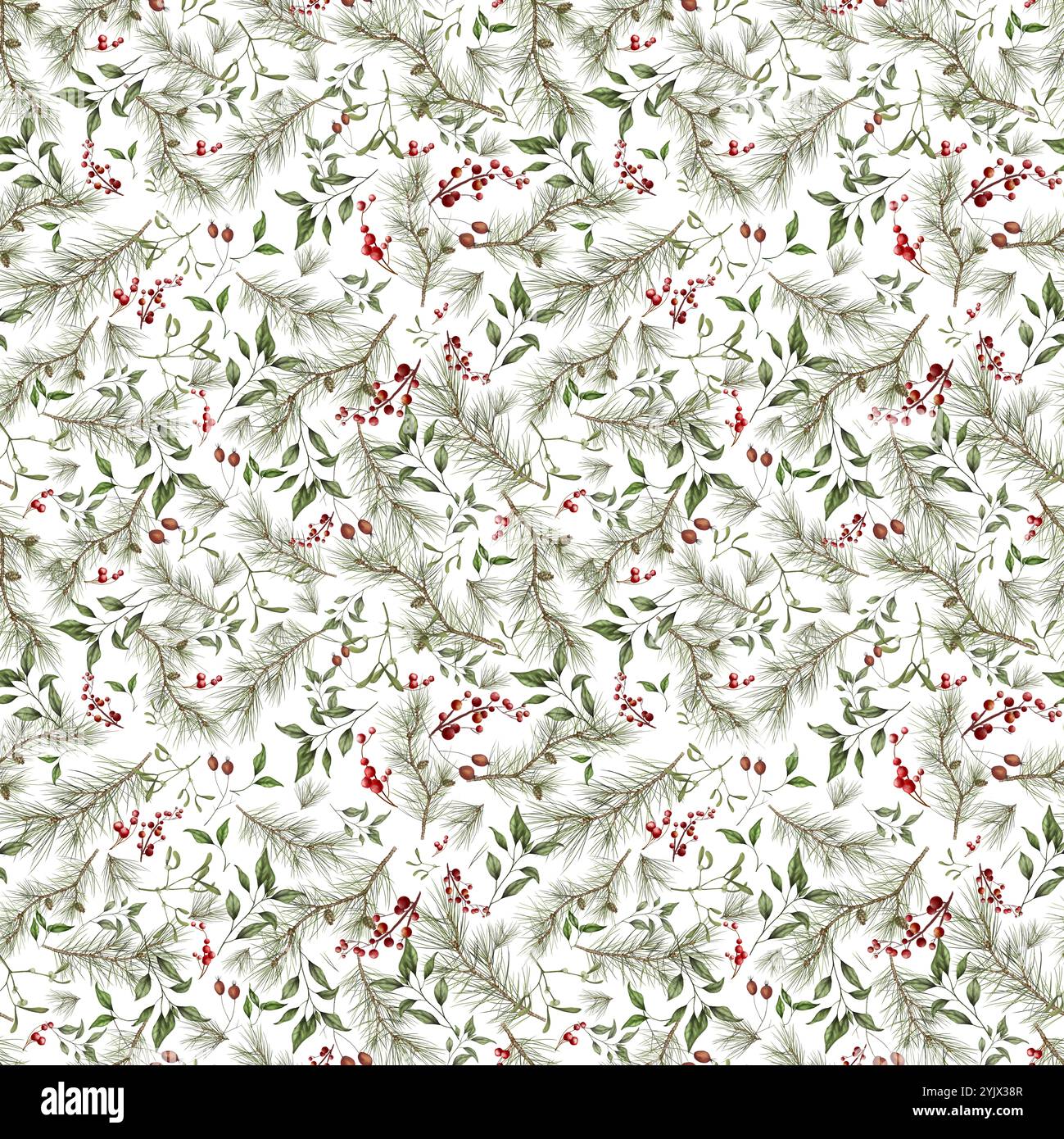 Rami di abete e bacche invernali. Motivo senza cuciture. Illustrazione acquerello. Pino e mignolo con rami di bacche rosse e blu isolati su bianco Foto Stock