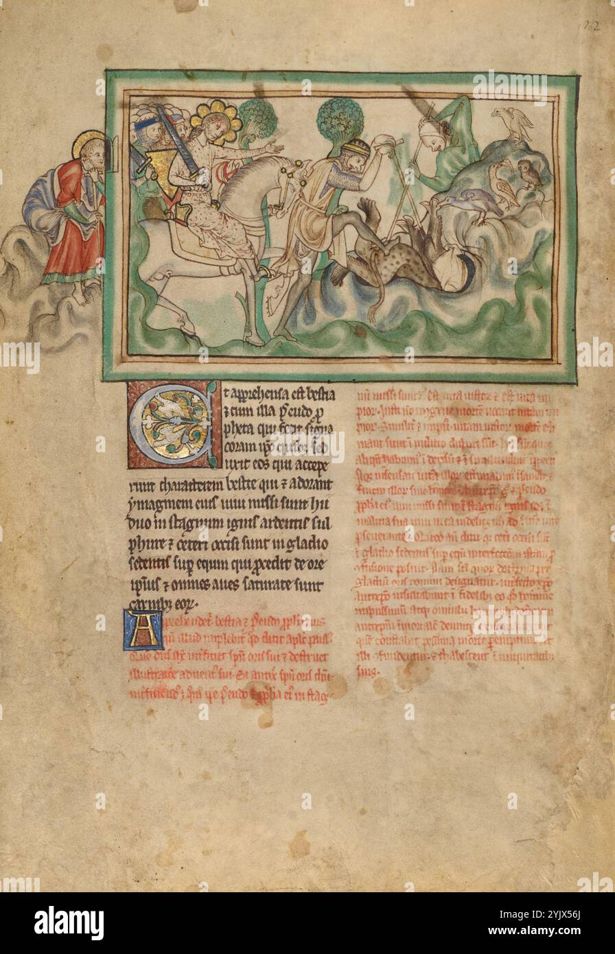 La sconfitta della Bestia; Dyson Perrins Apocalisse, circa 1255-1260. Informazioni aggiuntive: Quest'ultima immagine dell'Apocalisse Dyson Perrins raffigura il trionfo dell'esercito del cielo sulle forze di Satana. Il guerriero sul cavallo bianco dirige lo smaltimento della bestia e del falso profeta che sono "gettati vivi nel lago di fuoco bruciando con zolfo". (Apocalisse 19:20) le zampe posteriori della bestia e i zoccoli del falso profeta scompaiono mentre vengono gettati, calci, in un buco della terra. Due soldati aiutano la loro discesa verso il lago in fiamme, uno con il piede saldamente piantato su di lui Foto Stock