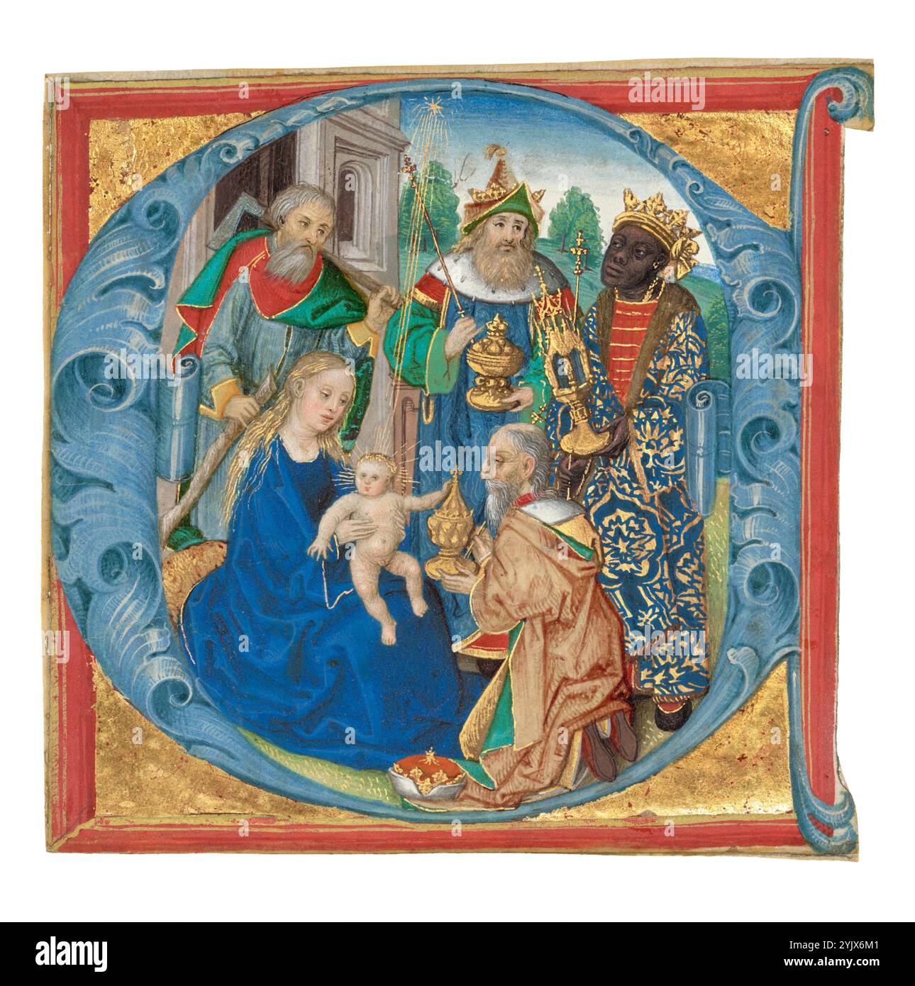 Iniziale e: L'Adorazione dei Magi, circa 1475-1500. Informazioni aggiuntive: In questa illuminazione, i tre re a destra, vestiti e tenendo in mano oggetti preziosi, si avvicinano alla Vergine con il bambino a sinistra, con Giuseppe in piedi dietro. Tra i re c'è il magus Balthazar, raffigurato come un re nero africano. Questa rappresentazione di Balthazar non è rara e appare in molte altre riproduzioni dell'Adorazione attraverso l'arte europea tardo medievale e rinascimentale. La rappresentazione di Balthazar come un nero africano può contribuire a una maggiore comprensione della storia e degli atteggiamenti nei confronti Foto Stock Iniziale e: L'Adorazione dei Magi, circa 1475-1500. Informazioni aggiuntive: In questa illuminazione, i tre re a destra, vestiti e tenendo in mano oggetti preziosi, si avvicinano alla Vergine con il bambino a sinistra, con Giuseppe in piedi dietro. Tra i re c'è il magus Balthazar, raffigurato come un re nero africano. Questa rappresentazione di Balthazar non è rara e appare in molte altre riproduzioni dell'Adorazione attraverso l'arte europea tardo medievale e rinascimentale. La rappresentazione di Balthazar come un nero africano può contribuire a una maggiore comprensione della storia e degli atteggiamenti nei confronti Foto Stock