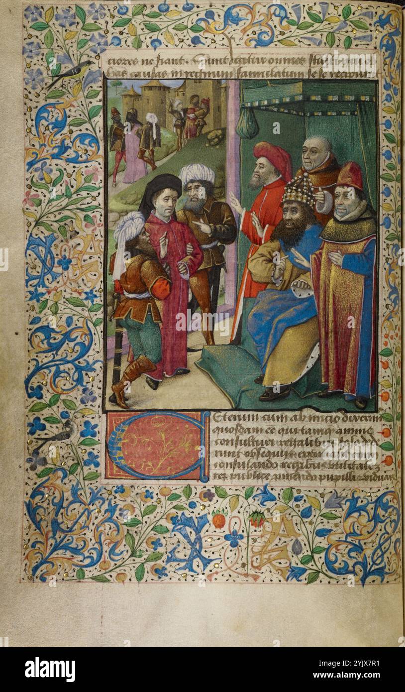 Un imperatore a corte, circa 1460-1470. Informazioni aggiuntive: Tenuto da due guardie armate davanti al Sacro Romano Imperatore e ai suoi consiglieri, l'uomo con una veste magenta e un berretto nero sta certamente affrontando tempi difficili. I ripetuti gesti delle mani dei consiglieri sembrano indicare un rifiuto, mentre il dito puntato dell'imperatore può indicare la sua accettazione della loro opinione. Qualunque sia l'esatto significato di questi gesti, lo spiacevole destino del prigioniero viene rivelato sullo sfondo, dove viene trasportato alla porta della città e pugnalato alle spalle. Foto Stock