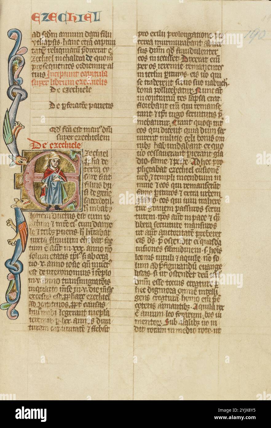Iniziale e: Ezekiel; Historia Scholastica, circa 1300. Foto Stock