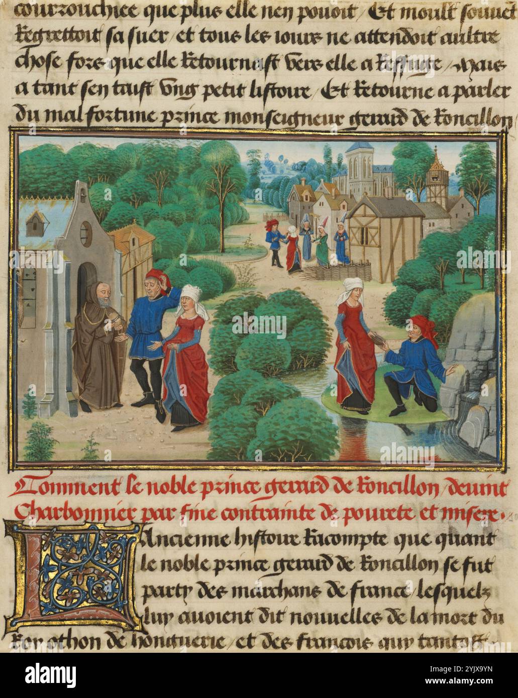 Gerard e Bertha trovano sostentamento in un eremo, scritto 1463-1465; illuminato 1467-1472. Informazioni aggiuntive: Questa miniatura tratta dalla storia di Charles Martel illustra gli eventi della storia della rivalità di Carlo con il potente duca di Borgogna, Gerard de Roussillon. Mentre Gerard e sua moglie Bertha viaggiano in Ungheria, i banditi rubano tutto, anche i loro cavalli, e lasciano la coppia disperata. Sulla sinistra, un eremita si trova davanti al suo semplice rifugio e offre loro cibo e alloggio. Sulla destra, il duca e sua moglie trovano una sorgente da cui bere. Foto Stock