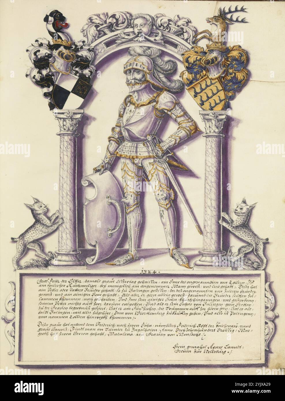 Fritz Hohenzollern, intorno al 1572. Informazioni aggiuntive: In questo ritratto di genealogia familiare, il nobile tedesco Fritz Hohenzollern si erge in una posa sfrontata che mostra la sua armatura e le sue armi riccamente decorate, trasmettendo autorità e ricchezza. Ad aggiungere ulteriore grandezza alla sua grandezza c'è il grande arco sotto il quale si trova. Le colonne di marmo simulate e la decorazione a foglie di acanto richiamano antichi archi trionfali romani come l'Arco di Costantino, costruito per celebrare i governanti o le vittorie militari. Inquadrando l'aristocratico all'interno di questa architettura classica, l'artista lo associa al grea Foto Stock