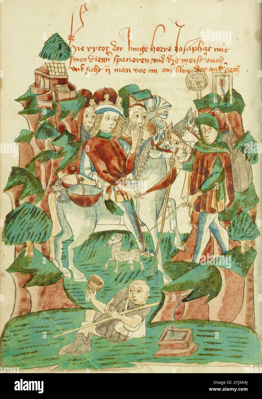 Josaphat incontra un cieco e un mendicante, 1469. Informazioni aggiuntive: In questa scena, il principe Josaphat cavalca all'estero con un grande entourage, incontrando per la prima volta persone con malatie fisiche. Il suo cavallo si ferma poco prima che un cieco venga guidato da un cane. Gli occhi chiusi dell'uomo sono un indizio inconfondibile della sua cecità, eppure il na&#xef;ve Josaphat alza ancora la mano in un gesto di saluto. Un uomo zoppo appare in primo piano, sollevando una tazza per l'elemosina. Nell'angolo in alto a destra, un uomo viene impiccato nella forca mentre un altro viene torturato sulla ruota. Questa scena ritrae un momento cruciale Foto Stock