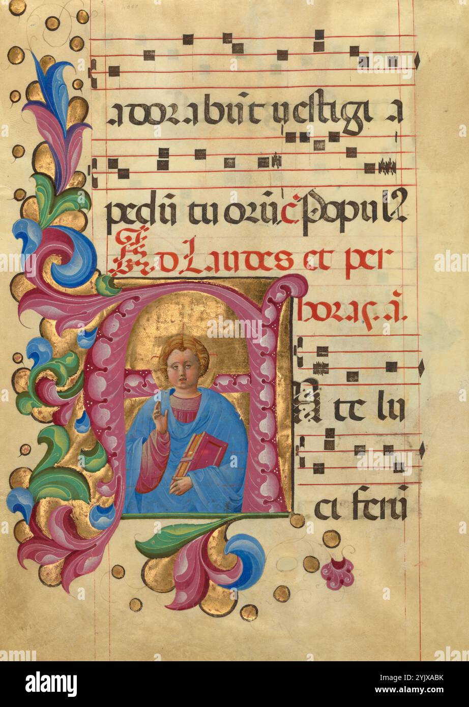 Iniziale A: Giovane Benedizione Cristo, circa 1467-1470. Informazioni aggiuntive: Cristo appare in questa iniziale come una figura giovanile con guance rotonde e rosate. Tiene un libro nella mano sinistra e benedice con la destra. Il canto che segue è cantato nella festa dell'Epifania, il giorno in cui i tre Magi visitarono il neonato Gesù. Le raffigurazioni di Cristo da adolescente sono relativamente rare, e i canti dell'Epifania sono più spesso illustrati con scene dell'Adorazione dei Magi. Qui Cristo appare nelle vesti di un giovane predicatore che ha già abbracciato le responsabilità della sua vita adulta. Foto Stock