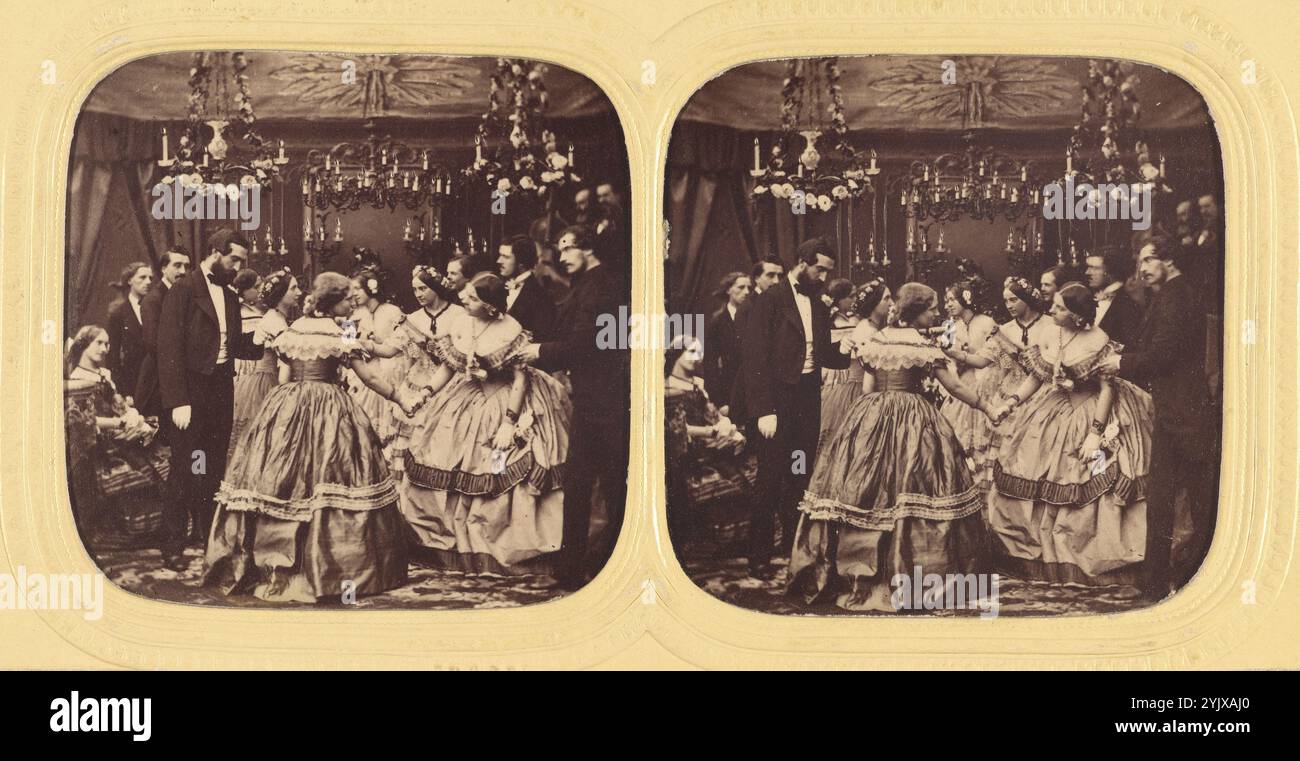 Scena di genere: Festa formale, 1855-1860. Carta stereoscopica: Vittoriani in abito da sera. Stampa color argento albume colorata a mano attribuita a Mark Anthony. Foto Stock