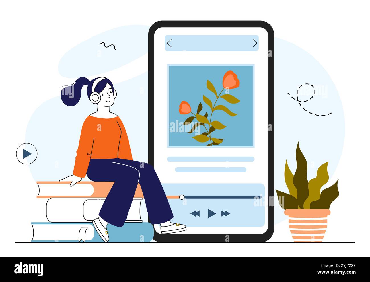 Donna con audioguida. Ragazza con le cuffie vicino allo smartphone con le foto. Informazioni sugli oggetti artistici. Attività ricreative culturali e di svago. Online Illustrazione Vettoriale