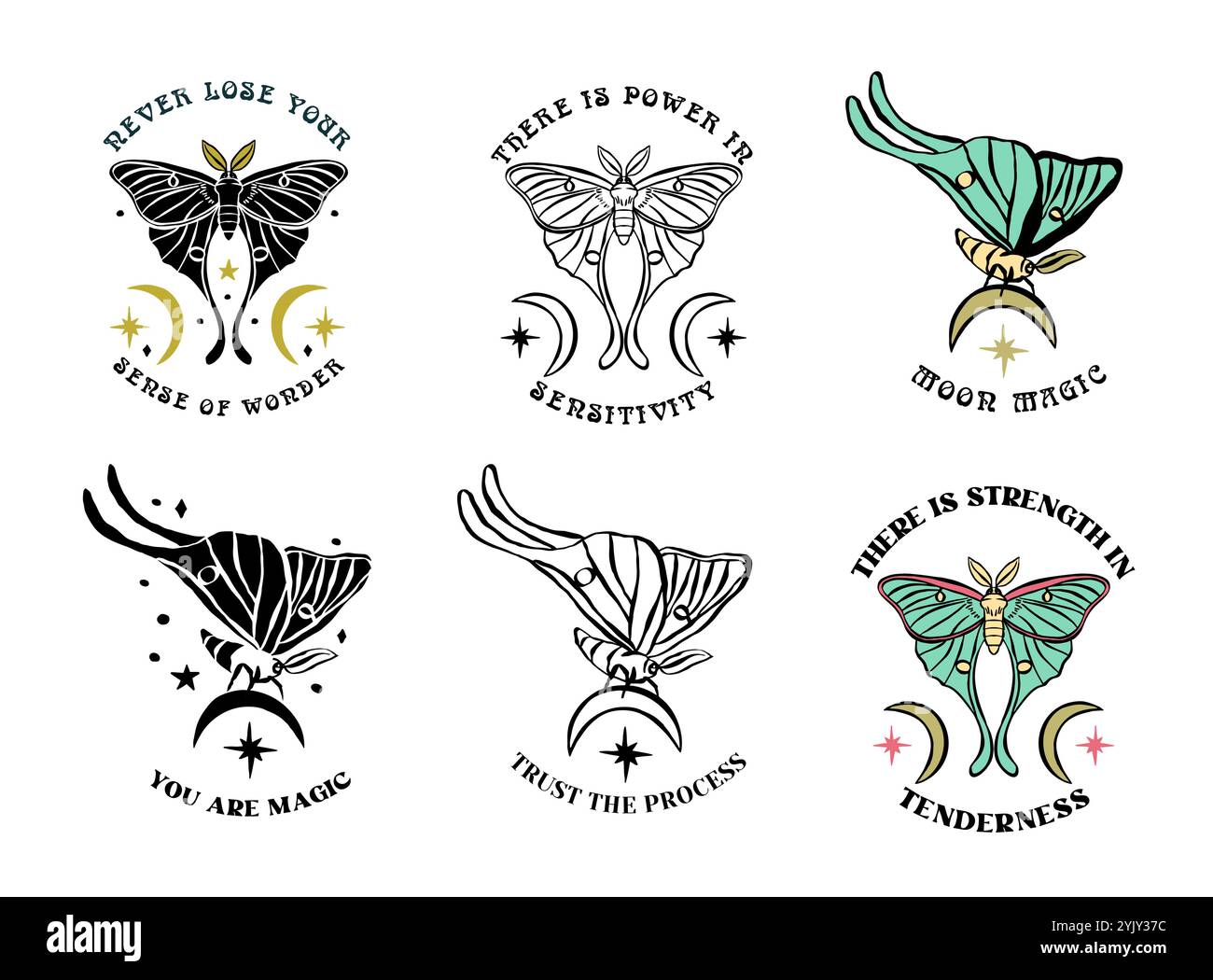 Le illustrazioni disegnate a mano di luna sono corredate da citazioni ispiratrici Illustrazione Vettoriale