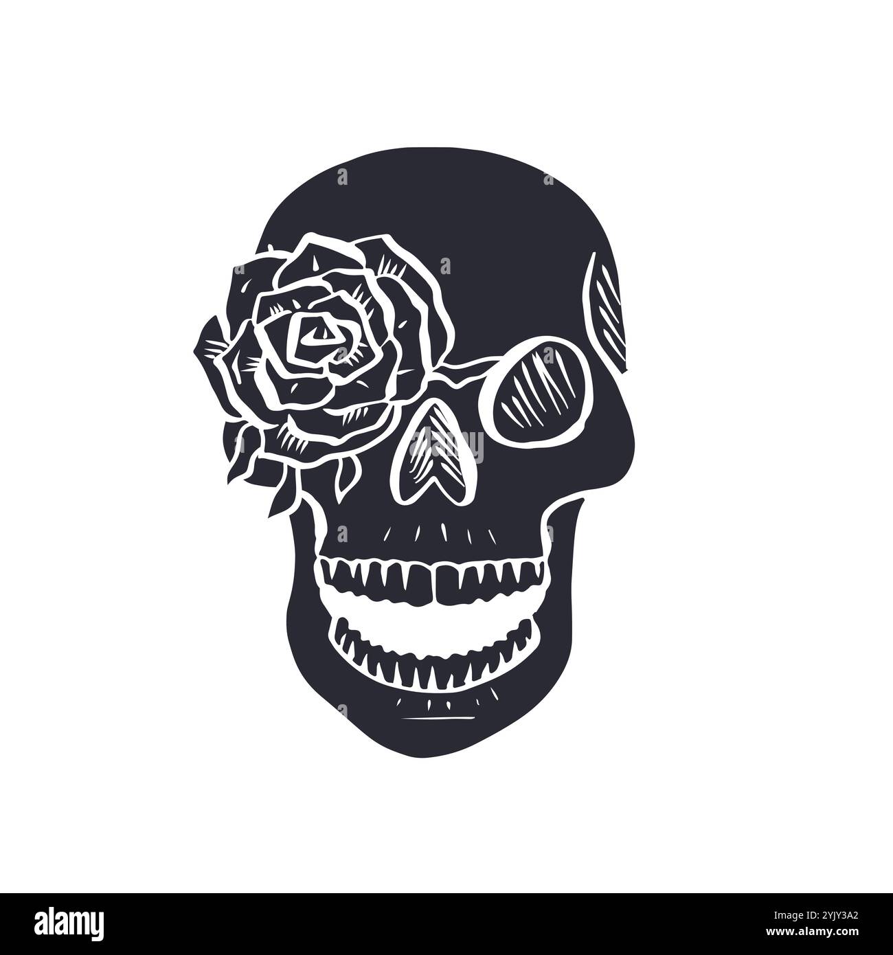 Teschio umano floreale disegnato a mano nero con rosa e silhouette a occhio isolata su sfondo bianco Illustrazione Vettoriale