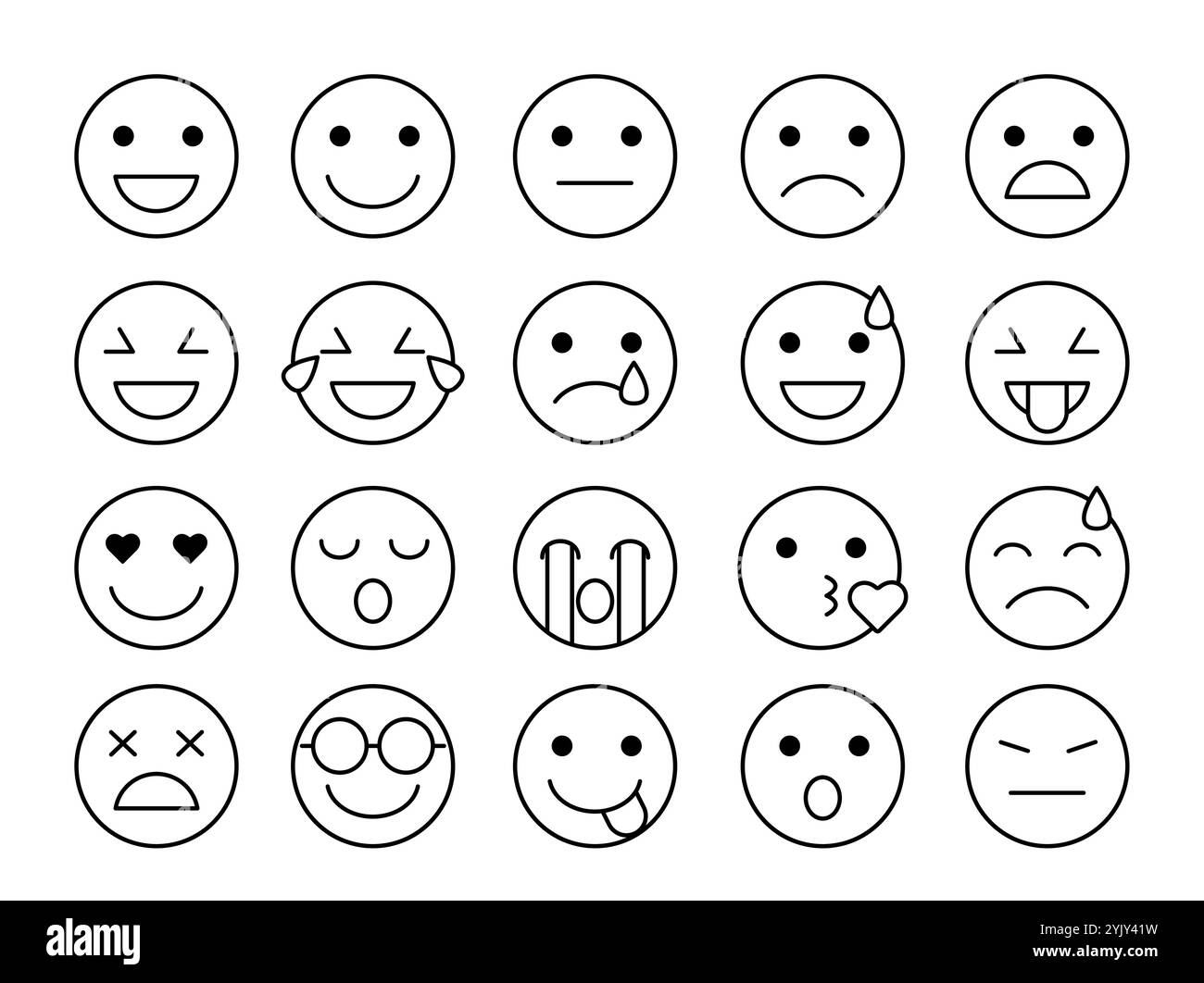 Set di emoji lineari. Varie emoticon con emozioni e sensazioni diverse. Depressione, felicità, stanchezza, shock e paura. Raccolta vettoriale contorno Illustrazione Vettoriale