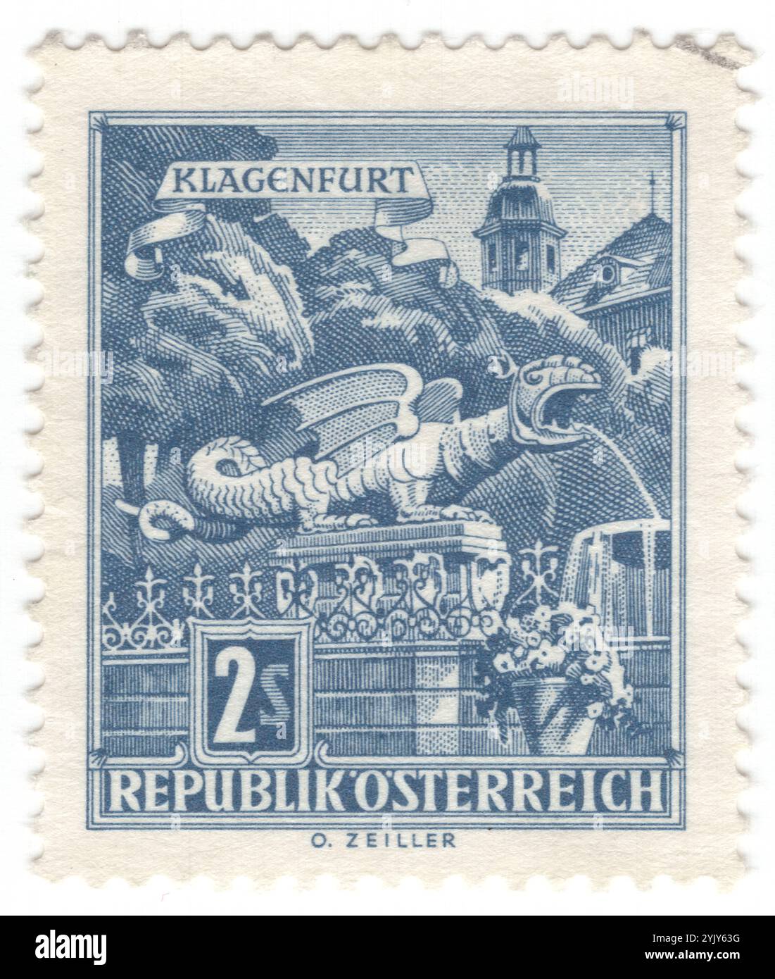 AUSTRIA - 1968 gennaio 22: 2 scellini francobollo blu scuro raffigurante la fontana Wyvern con una scultura del Lindwurm alato a quattro zampe (Drago) presso il New Place, Klagenfurt, stato della Carinzia. Corpo a serpentina, testa di drago e due avambracci artigliati, a volte anche con ali. Alcuni esempi, come la statua del verme da cieco del XVI secolo presso la fontana Lindwurm di Klagenfurt ha quattro arti e due ali. La maggior parte delle raffigurazioni degli arti implicano che i vermi ciechi non camminano sui loro due arti come un wyvern, ma si muovono come una lucertola di talpa: Si scivolano come un serpente e usano le braccia per trazione Foto Stock