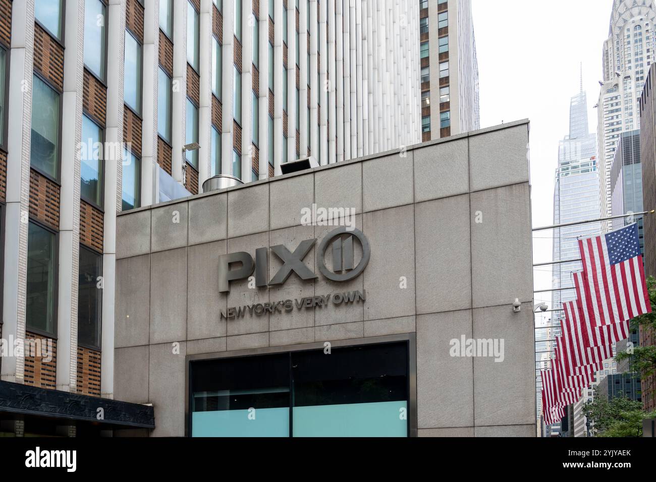 PIX11-l'insegna di New York sull'edificio di New York City, USA. Foto Stock