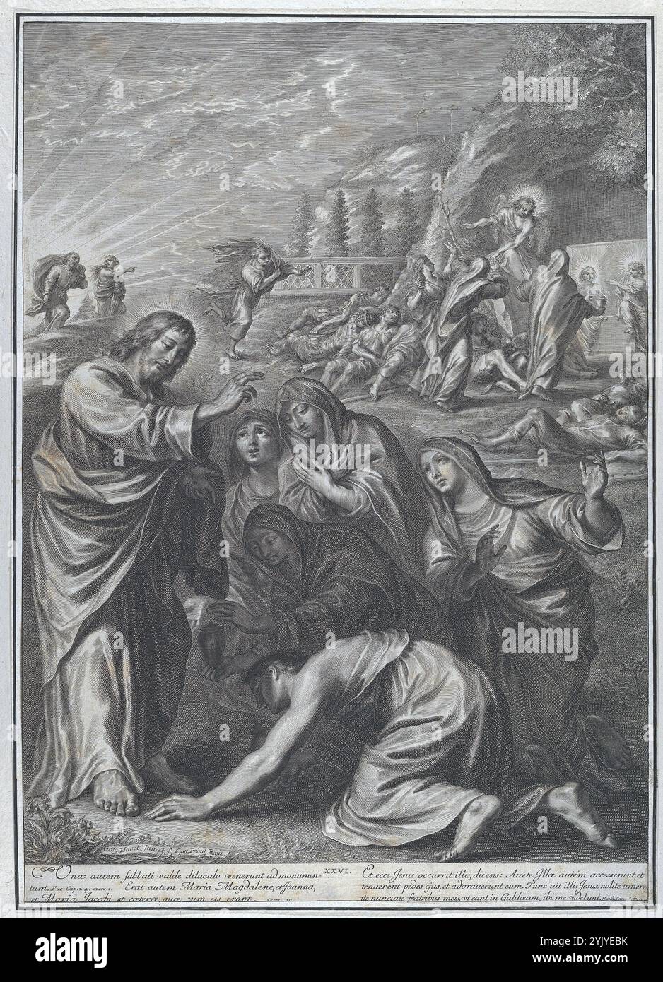 Le Sacre donne alla tomba di Cristo Un'incisione barocca commovente di Gregoire Huret Foto Stock