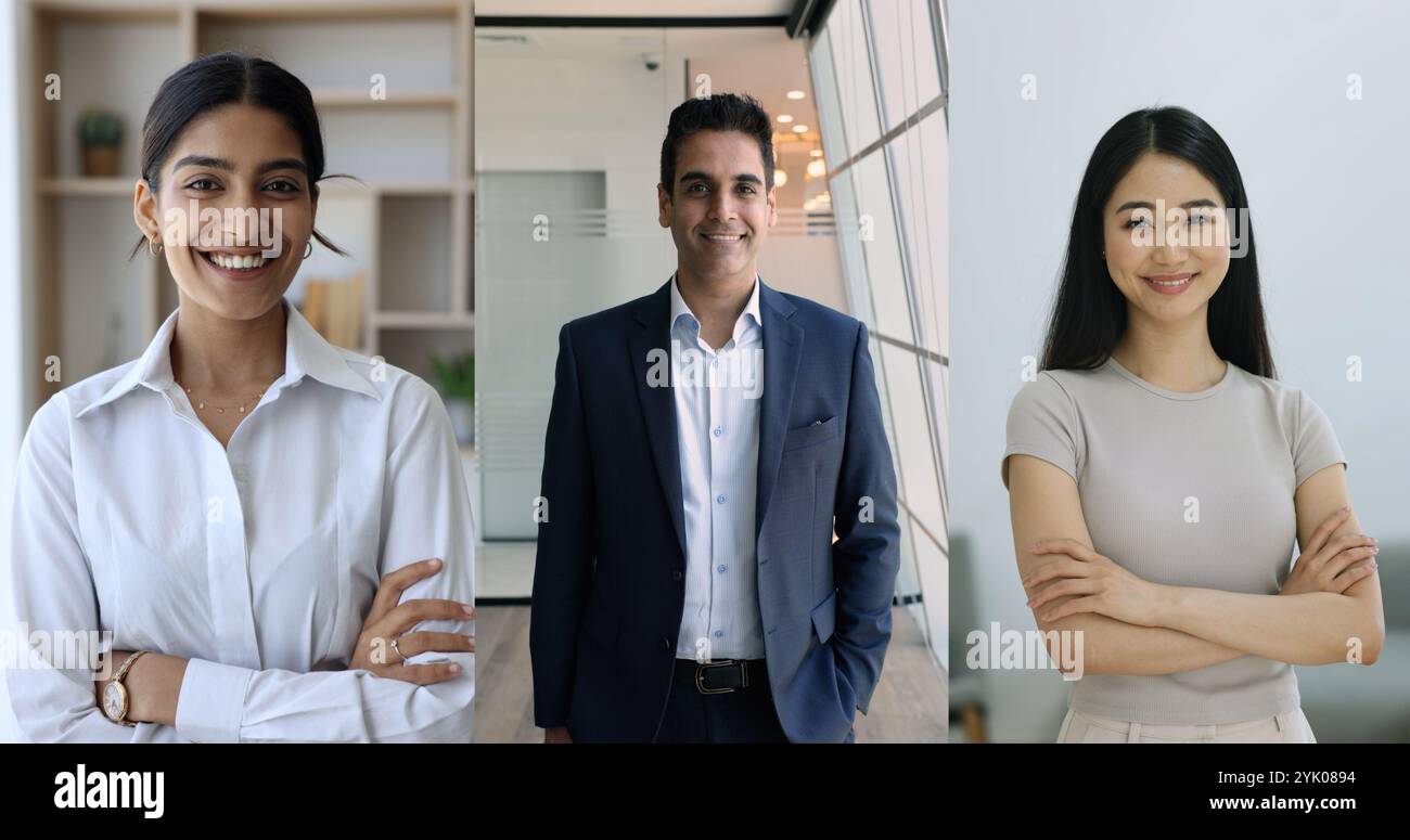 Uomini d'affari indiani e asiatici che posano nello spazio di lavoro fissando la macchina fotografica Foto Stock