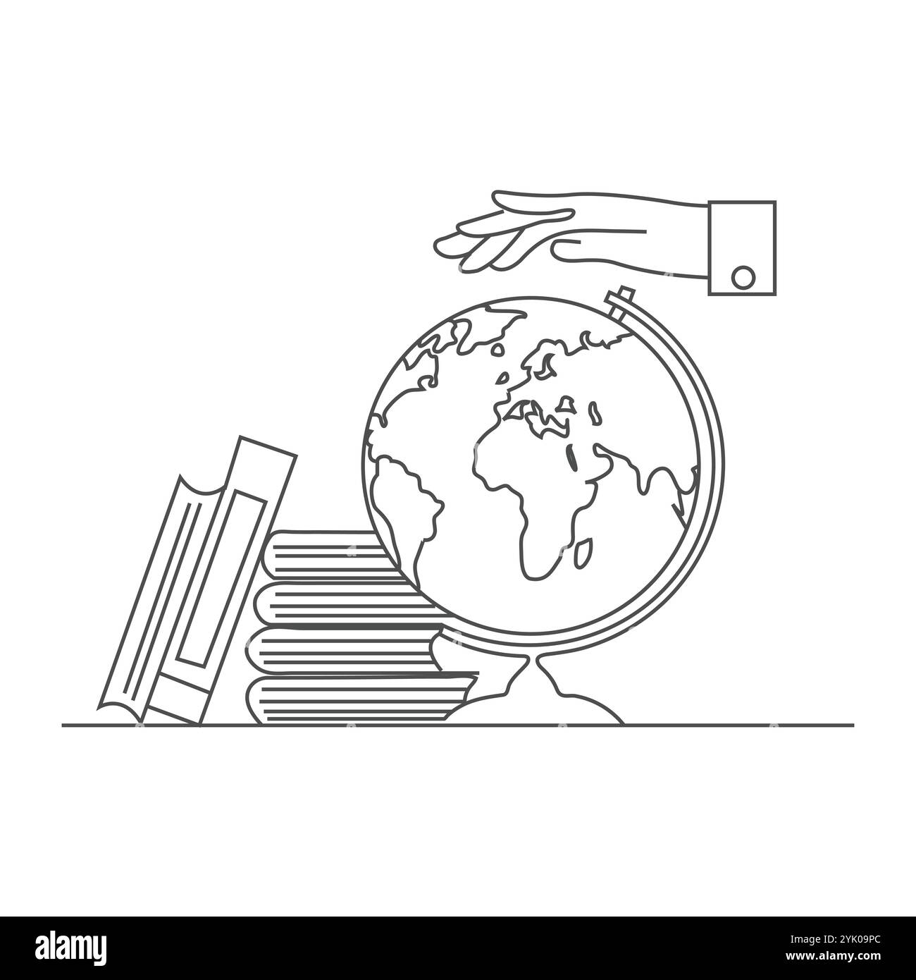 La mano con il palmo allungato regge il globo, il globo sopra il palmo allungato, figura a bastone di Doodle dal design piatto: Un ragazzo che legge seduto su un grande libro W. Illustrazione Vettoriale
