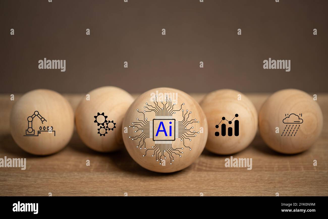 Layout del concetto di INTELLIGENZA ARTIFICIALE. Icona AI in una palla di legno su un tavolo. Applicazioni in vari settori, come l'istruzione, le previsioni meteorologiche, l'industria manifatturiera, Foto Stock