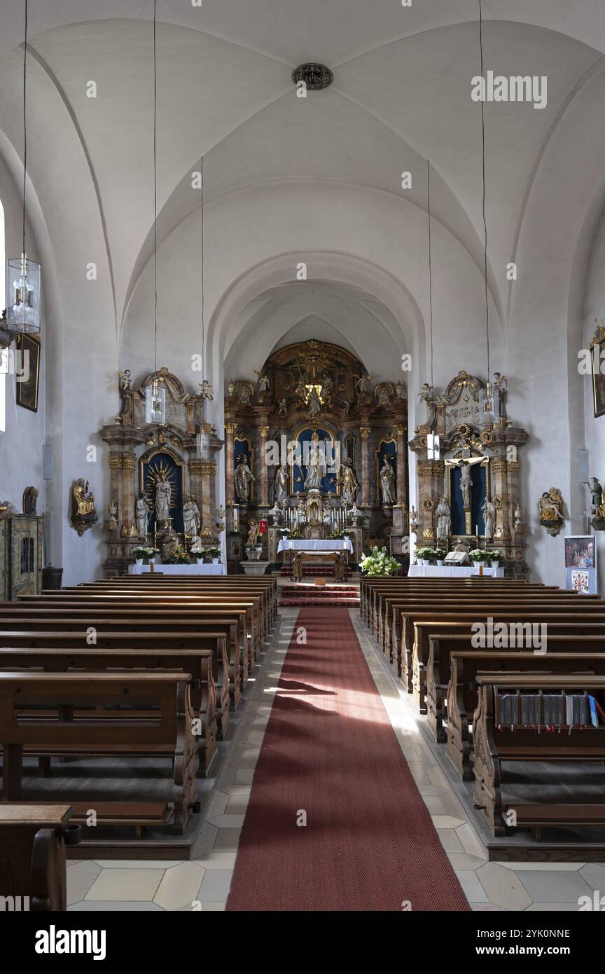 Interno con altare della chiesa barocca di San Kiliano, Pretzfeld, alta Franconia, Baviera, Germania, Europa Foto Stock