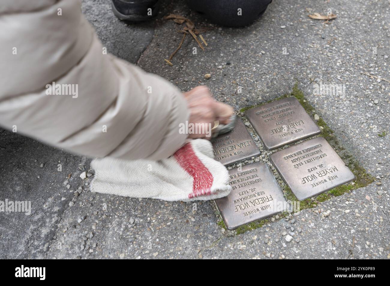 Lucidare e pulire le pietre inciampanti per commemorare la notte del vetro rotto il 9 novembre 1938, tour guidato a Schnaittach, nella Media Franconia Foto Stock