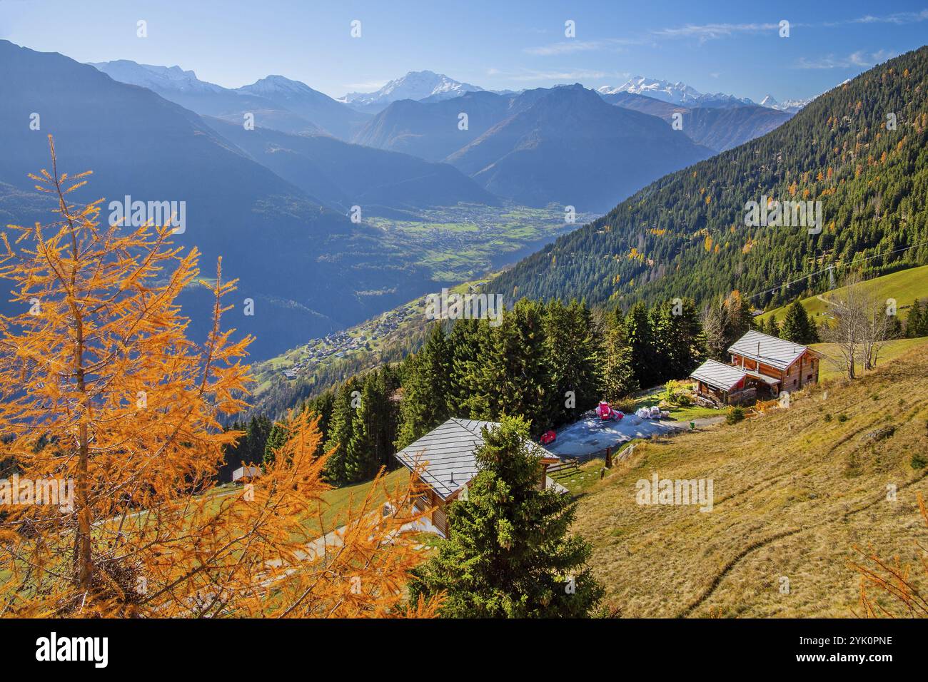 Paesaggio autunnale con chalet sopra la valle del Rodano e panorama di Fletschhorn 3985 m, Dom 4545 m e Cervino 4478 m, Riederalp, Goms, valle del Rodano Foto Stock