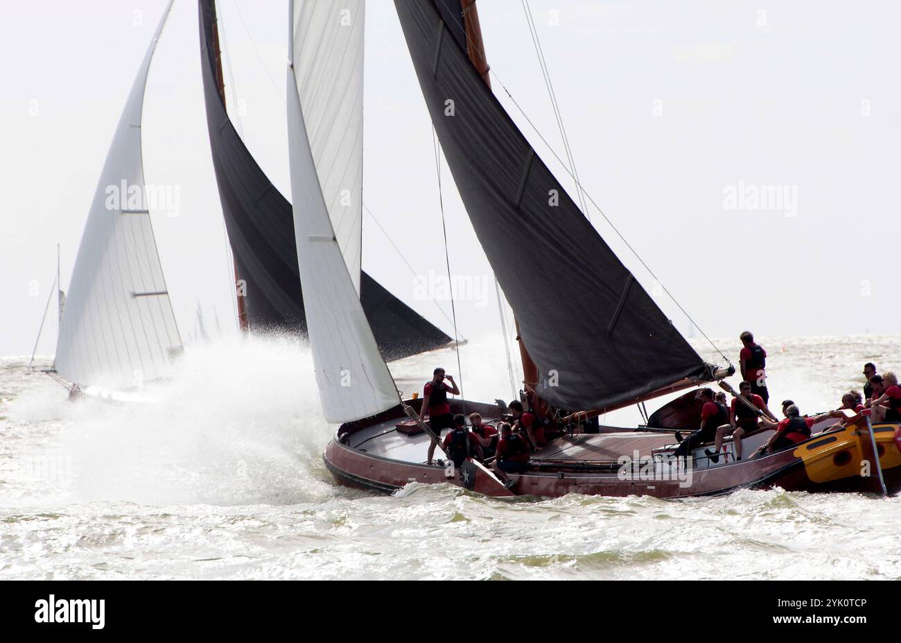 Tradizionali velieri frisoni a fondo piatto in una competizione annuale sull'IJsselmeer, Paesi Bassi Foto Stock