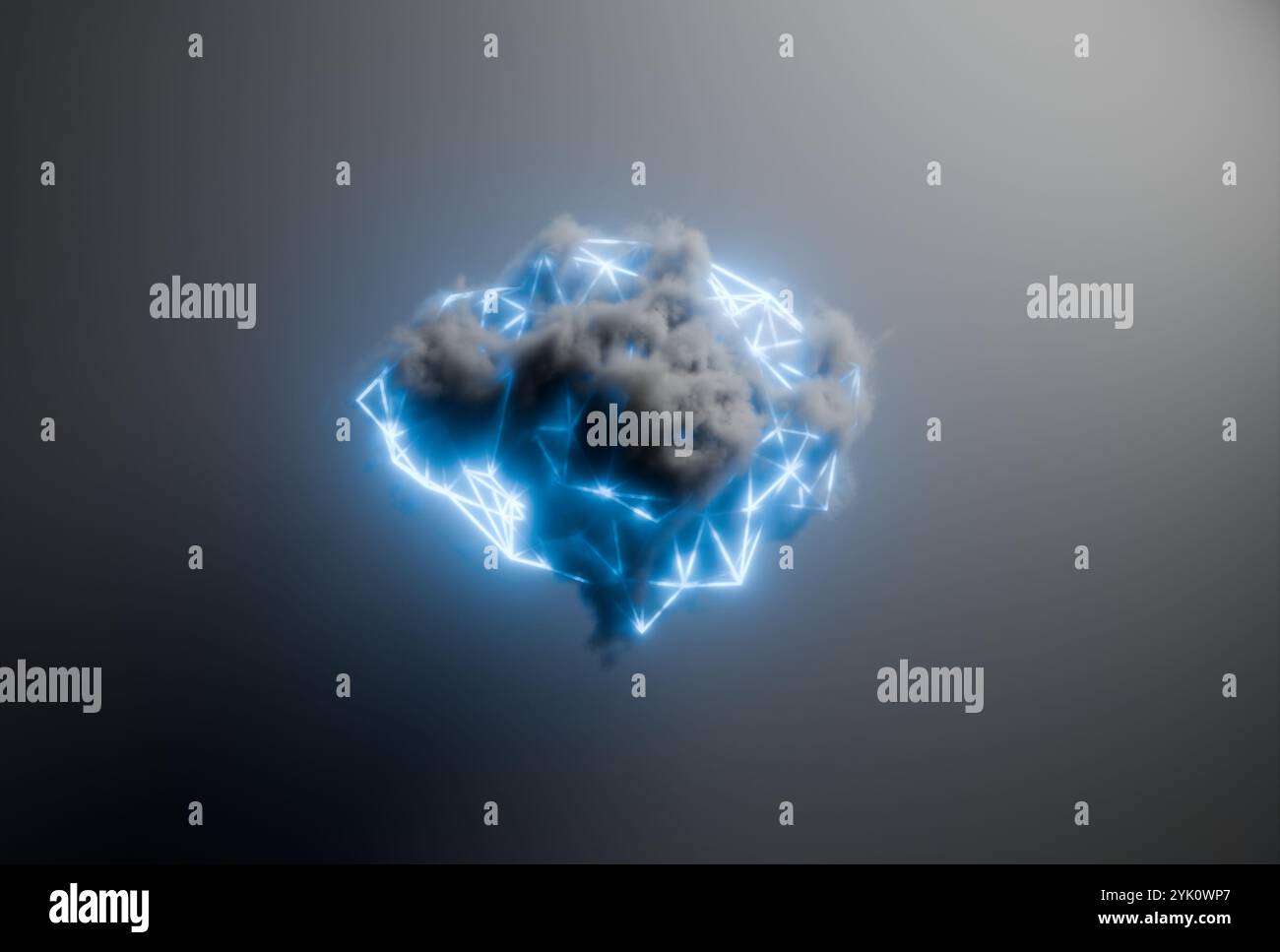 Cloud computing, intelligenza artificiale concetto astratto cloud digitale con wireframe al neon. Rendering 3D digitale. Foto Stock