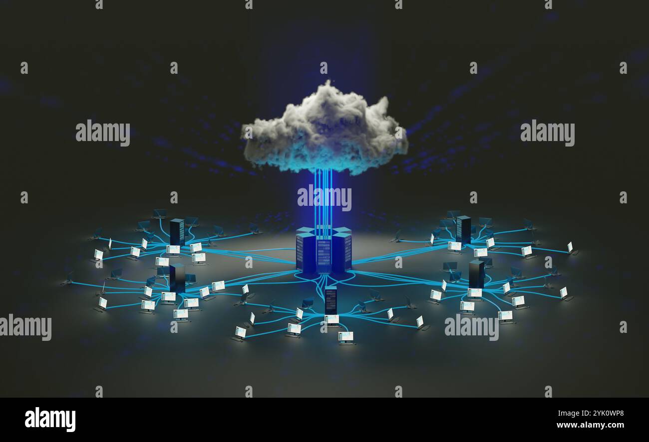 Cloud computing, concetto di infrastruttura di rete. Rendering 3D digitale. Foto Stock