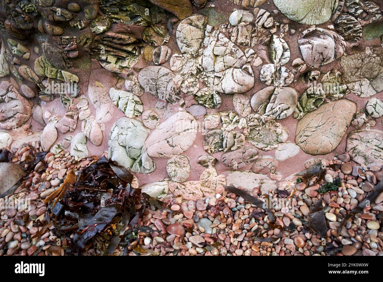 antiche formazioni di pietra arenaria rossa nelle grotte di cushendun cushendun, contea di antrim, irlanda del nord Foto Stock