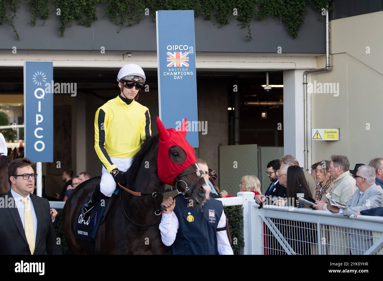 Ascot, Berkshire, Regno Unito. 19 ottobre 2024. BURDETT ROAD, guidata dal fantino Harry Davies, si dirige verso l'autodromo per la QIPCO British Champions Long Distance Cup (Classe 1) (gruppo 2) (British Champions Series) al British Champions Day 2024 all'Ascot Racecourse nel Berkshire. Crediti: Maureen McLean/Alamy Foto Stock