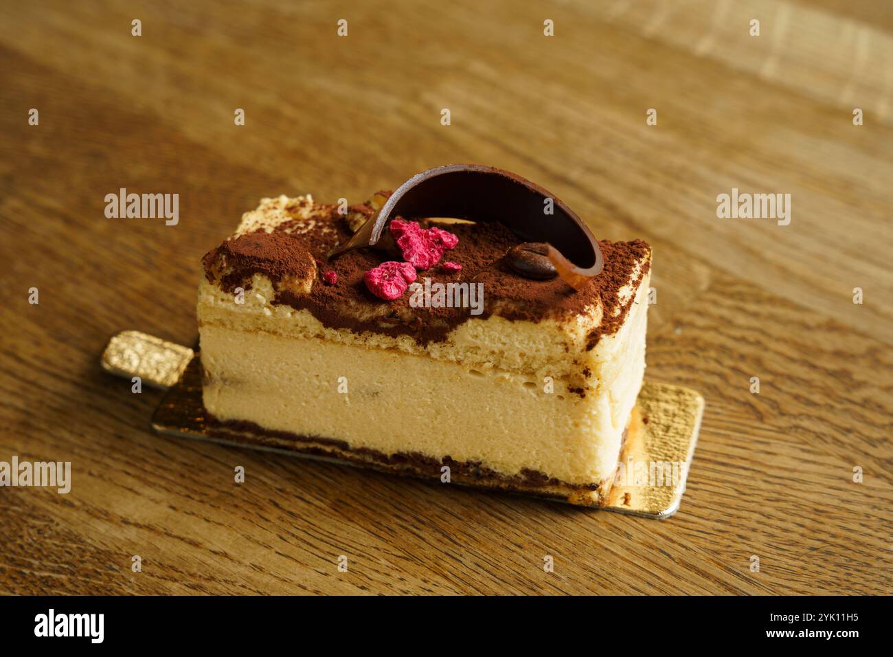 Primo piano di una deliziosa fetta di tiramisù, con strati di mascarpone cremoso e pan di Spagna imbevuto di caffè espresso, ricoperto di cacao in polvere e cioccolatini Foto Stock