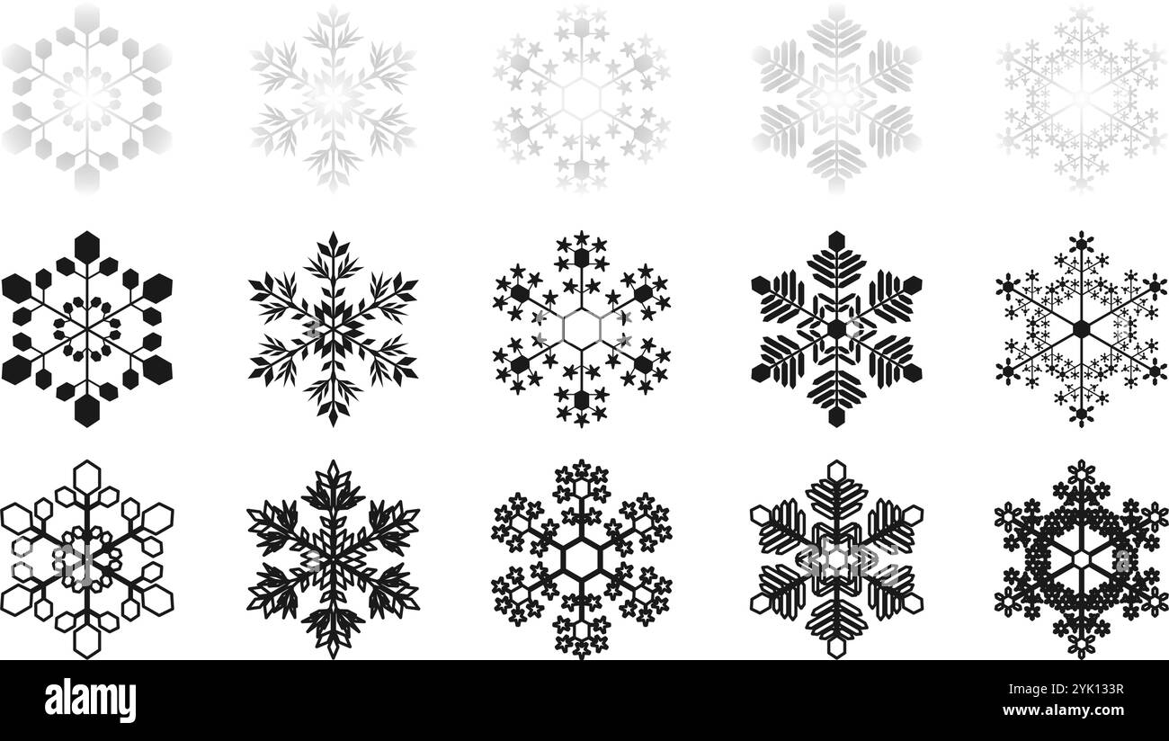 icona dei fiocchi di neve imposta l'illustrazione vettoriale isolata su sfondo bianco. Illustrazione Vettoriale