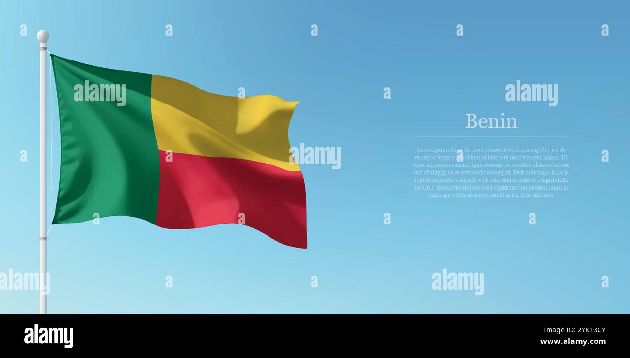Sventolando la bandiera del Benin su un palo con un cielo blu sullo sfondo con spazio immacolato Illustrazione Vettoriale
