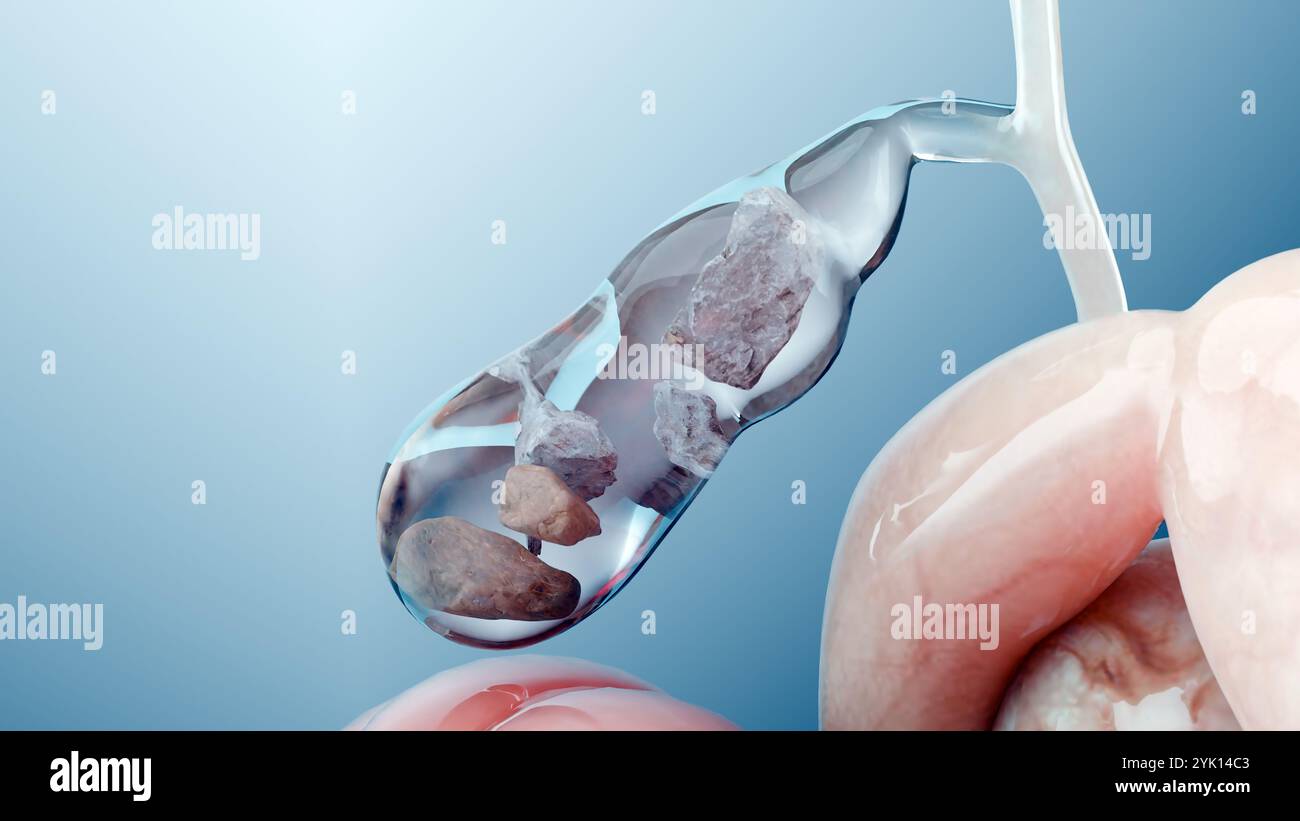 Calcoli biliari nel dotto biliare gallbladderand, silhouette umana e anatomia degli organi circostanti, fegato e cistifellea con pietre, rendering 3D realistico Foto Stock