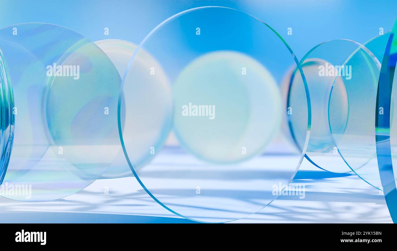 Lenti in vetro colorato traslucido, rotazione, spettro luminoso, rotazione dei blocchi di vetro a dispersione, olografia brillante, tessuto lucido trasparente astratto, ottica Foto Stock