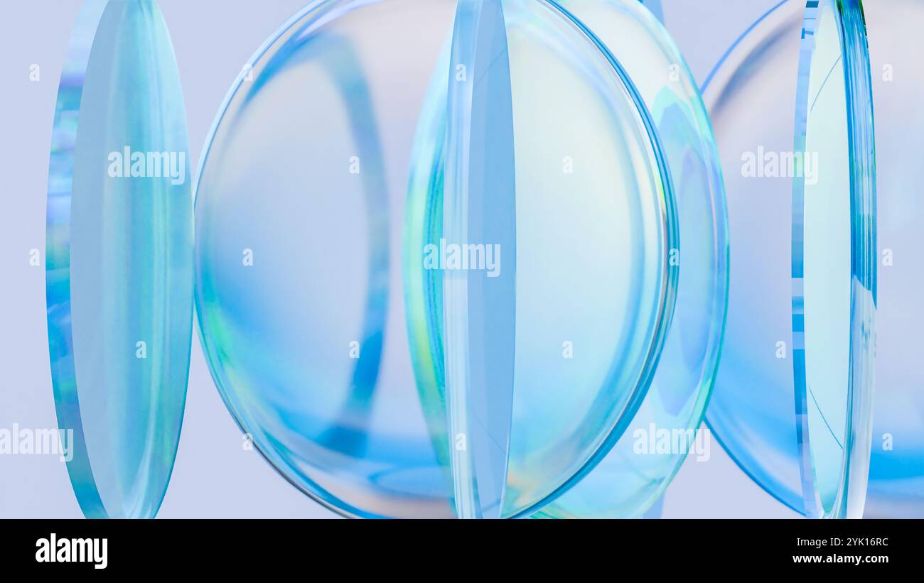 Lenti in vetro colorato traslucido, rotazione, spettro luminoso, rotazione dei blocchi di vetro a dispersione, olografia brillante, tessuto lucido trasparente astratto, ottica Foto Stock