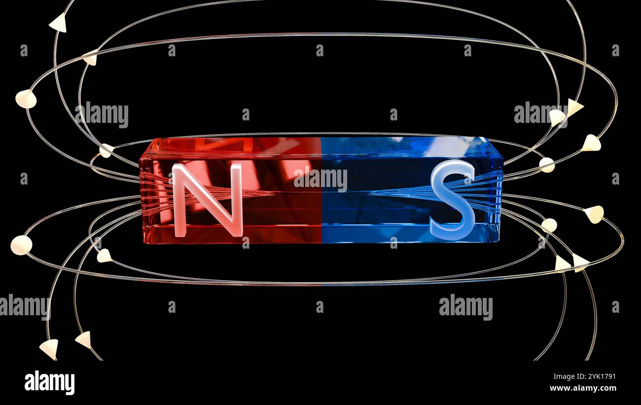 Campo magnetico, magnete a barra blu e rossa, educazione alla fisica degli elettromagneti della scienza, linee elettriche e frecce sud e nord, attrazione polarità, ENER Foto Stock