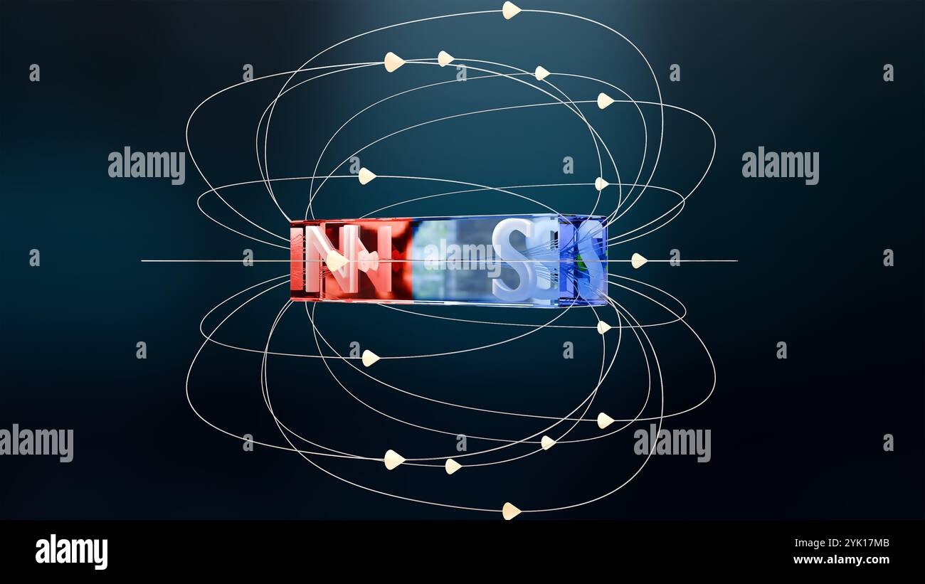 Campo magnetico, magnete a barra blu e rossa, educazione alla fisica degli elettromagneti della scienza, linee elettriche e frecce sud e nord, attrazione polarità, ENER Foto Stock