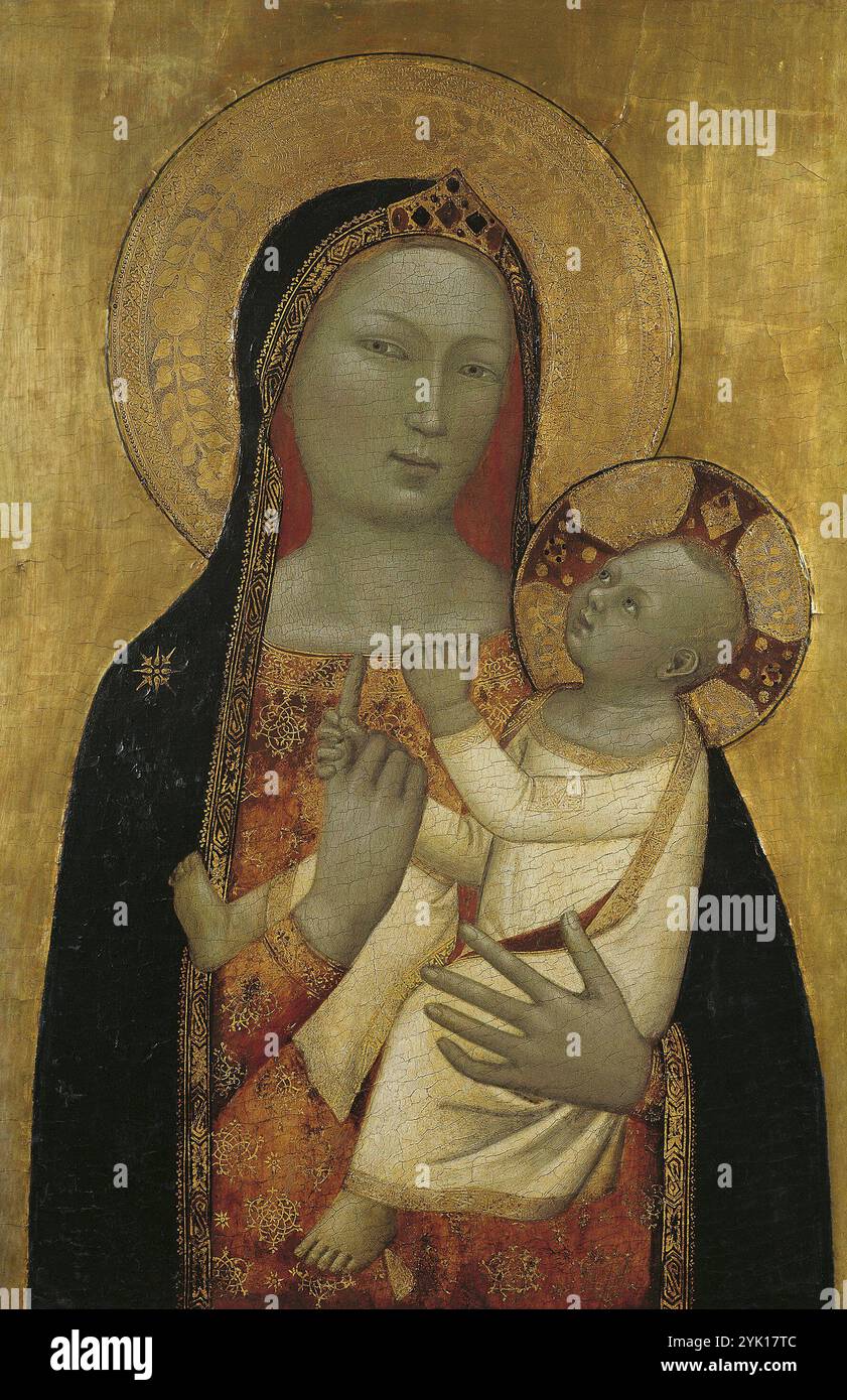 Titolo: La Vergine e il bambino artista: Bernardo Daddi anno: CA. 1340 - 1345 Medio: Tempera e oro su pannello dimensioni: 84 x 54,8 cm ubicazione: Collezione Thyssen-Bornemisza, su deposito presso il Museu Nacional d'Art de Catalunya (MNAC) Foto Stock