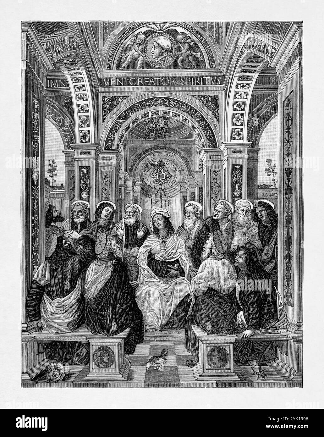 Discesa dello Spirito Santo. Incisione su una miniatura della scuola di Leonardo da Vinci del XVI secolo Foto Stock