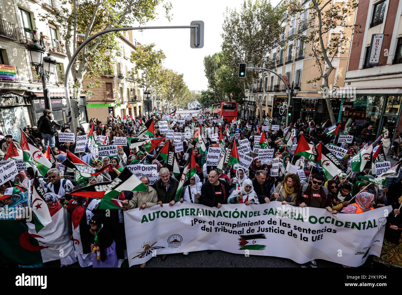 Madrid, Spagna. 16 novembre 2024. Folle di persone manifestano a sostegno del popolo Sahrawi. (Immagine di credito: © Jorge Contreras Soto/ZUMA Press Wire) SOLO PER USO EDITORIALE! Non per USO commerciale! Foto Stock