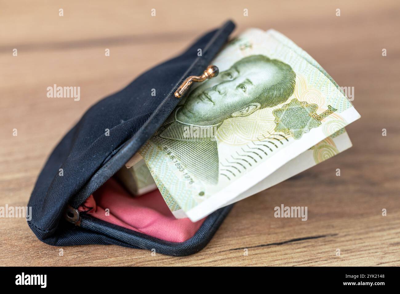 Soldi della Cina. Vecchia borsa e un rotolo di piccoli soldi che ne escono, concetto finanziario. Qualche yuan, primo piano Foto Stock
