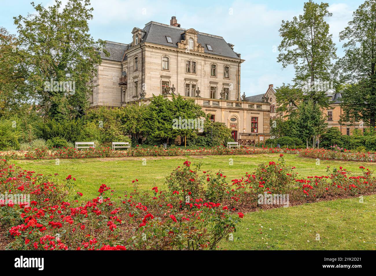 Parco presso l'ex Reichsbank (in seguito ufficio postale principale) Zwickau, Sassonia, Germania Foto Stock