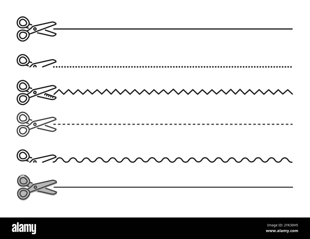 Set di forbici e linee di taglio, linea di taglio sulla pagina di carta, tratto modificabile in nero, semplice raccolta di illustrazioni monocromatiche vettoriali Illustrazione Vettoriale