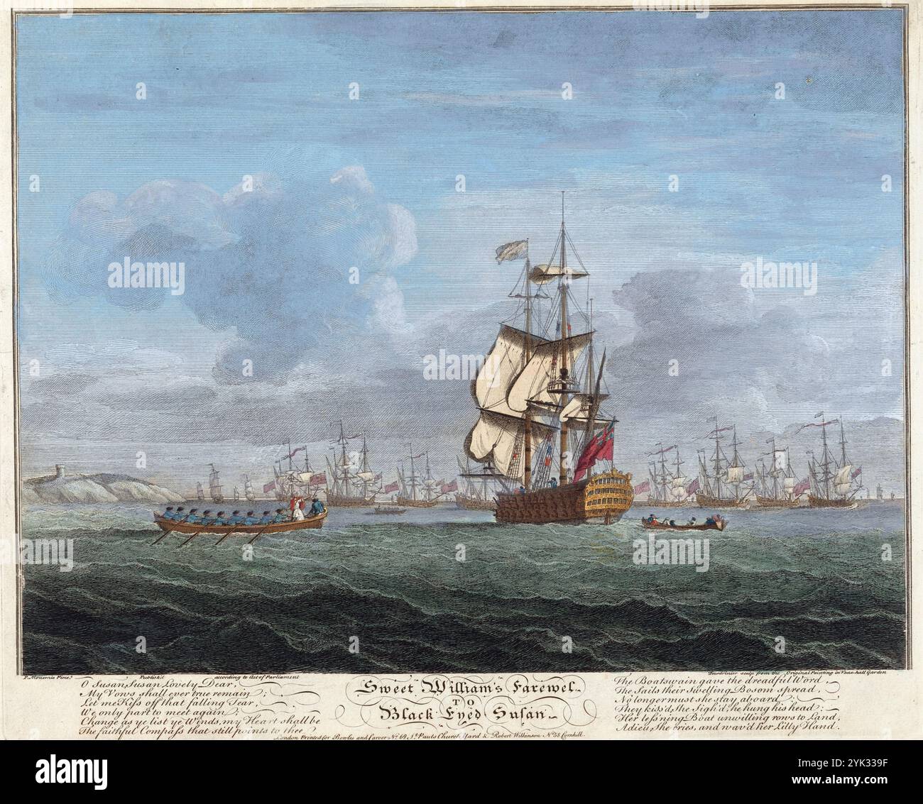 Incisione acquerellata di Sweet Williams addio a Black Eyed Susan, uomini di guerra britannici con navi a vela della Royal Navy stampata da Paul Fourdrinier dopo l'immagine d'arte di Peter Monamy del XVIII secolo Foto Stock