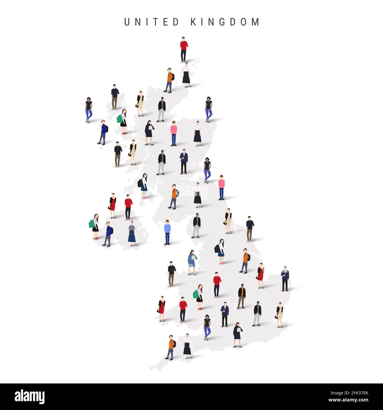 Mappa della popolazione del Regno Unito. Grande gruppo di persone sotto forma di mappa britannica. Illustrazione vettoriale piatta isolata Illustrazione Vettoriale